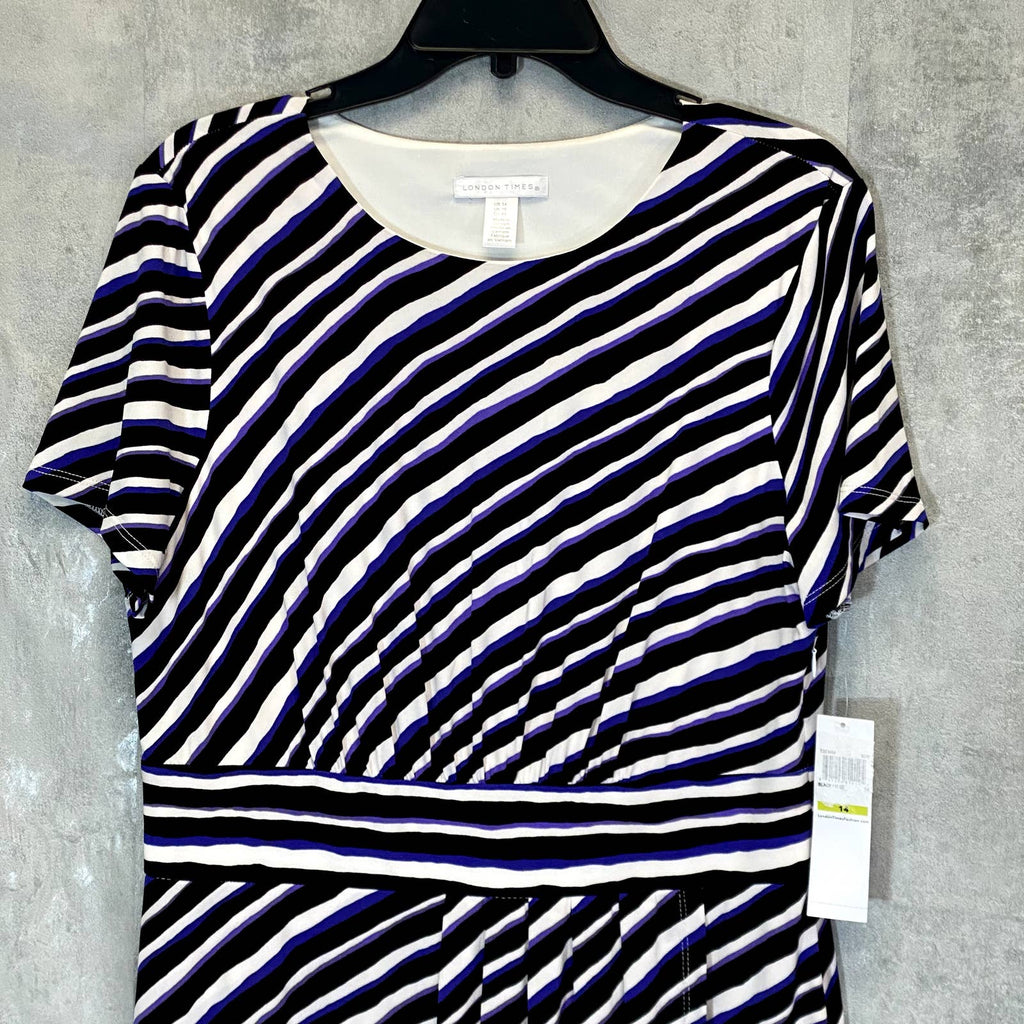 LONDON TIMES Women's Open Blue Techno Stripe Short Sleeve Jersey Sheath Dress SZ 14