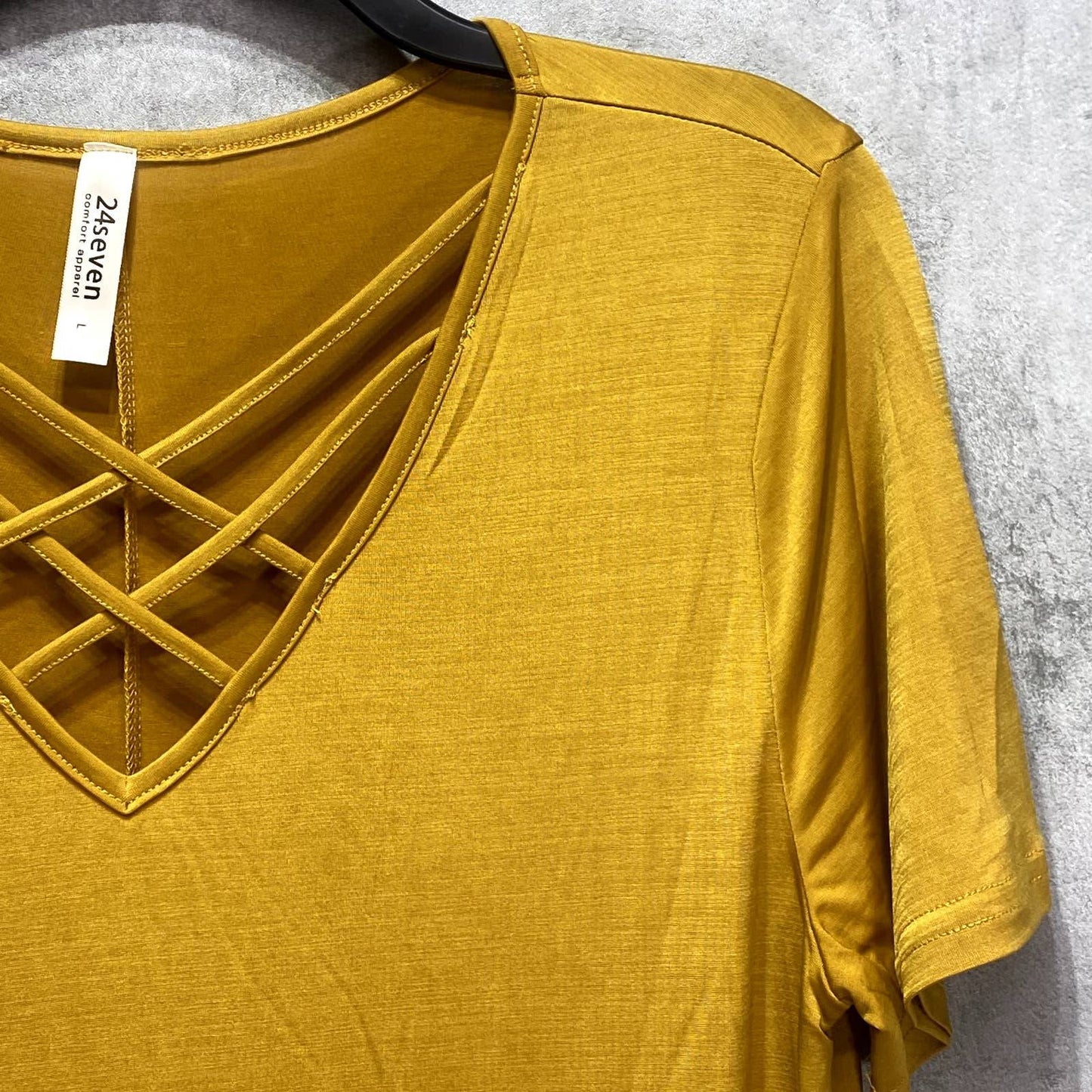 24SEVEN COMFORT APPAREL Mustard Criss Cross Neckline Short Sleeve T-Shirt Dress SZ L