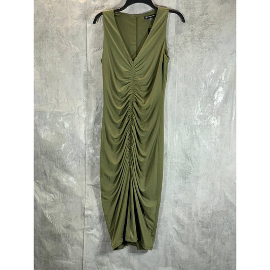 INC INTERNATIONAL CONCEPTS Women's Burnt Olive V-Neck Ruched Midi Dress SZ M