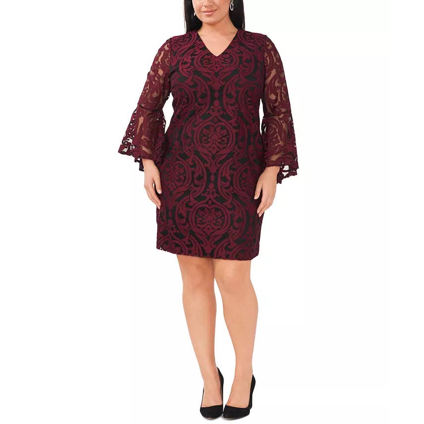 MSK Women's Petite Blue Embroidered Mesh Overlay 3/4 Bell Sleeve Sheath Dress