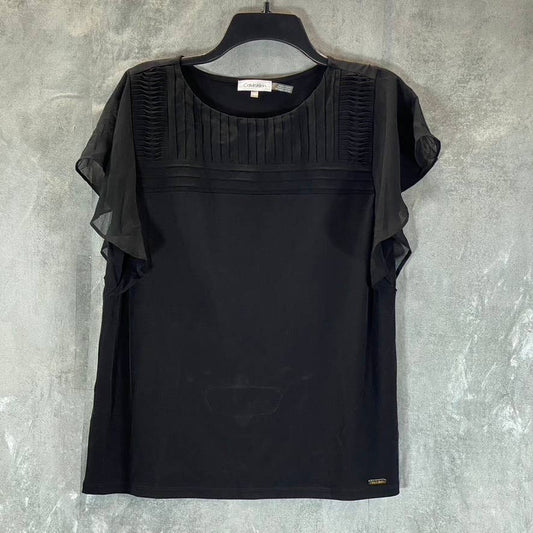 CALVIN KLEIN Women's Black Scoop-Neck Pintuck-Yoke Flutter-Sleeve Top SZ S