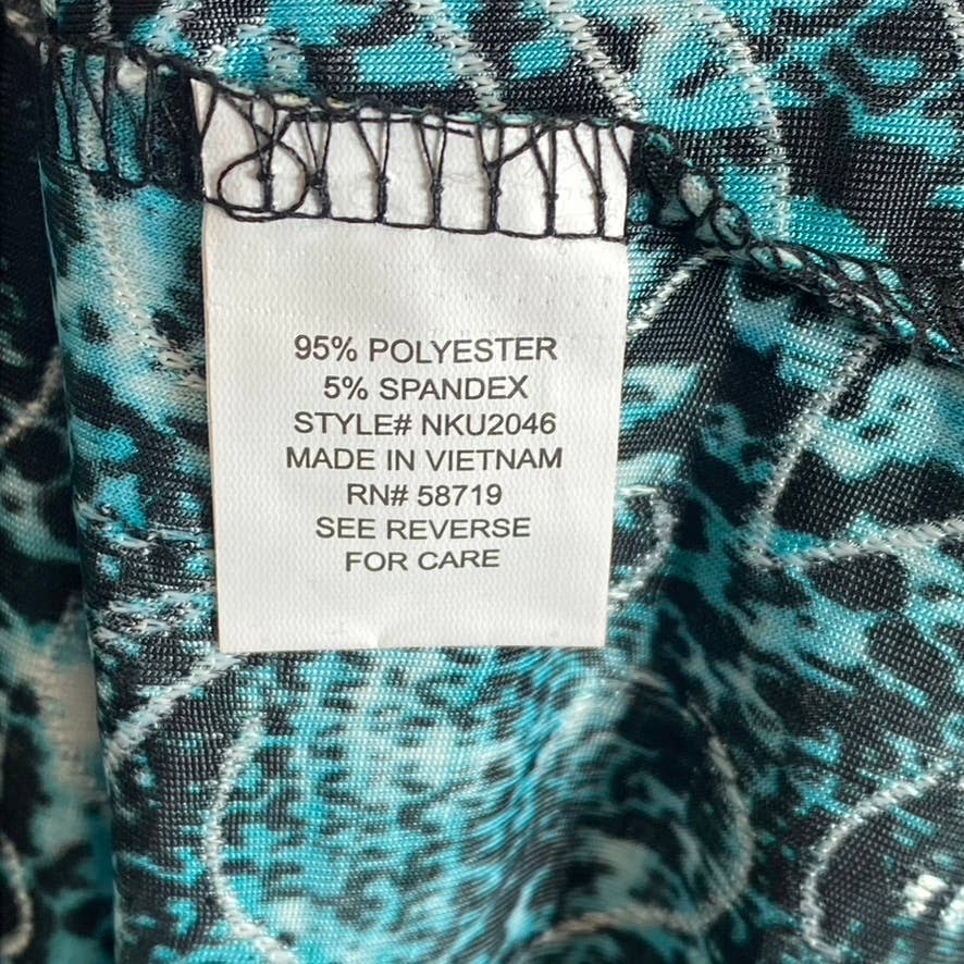 NY COLLECTION Women's Teal Plaid 3/4 Bell Sleeve Y-Neck Pleated Top SZ L