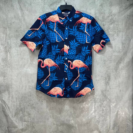CLUB ROOM Navy Flamingo Print Short Sleeve Shirt SZ S
