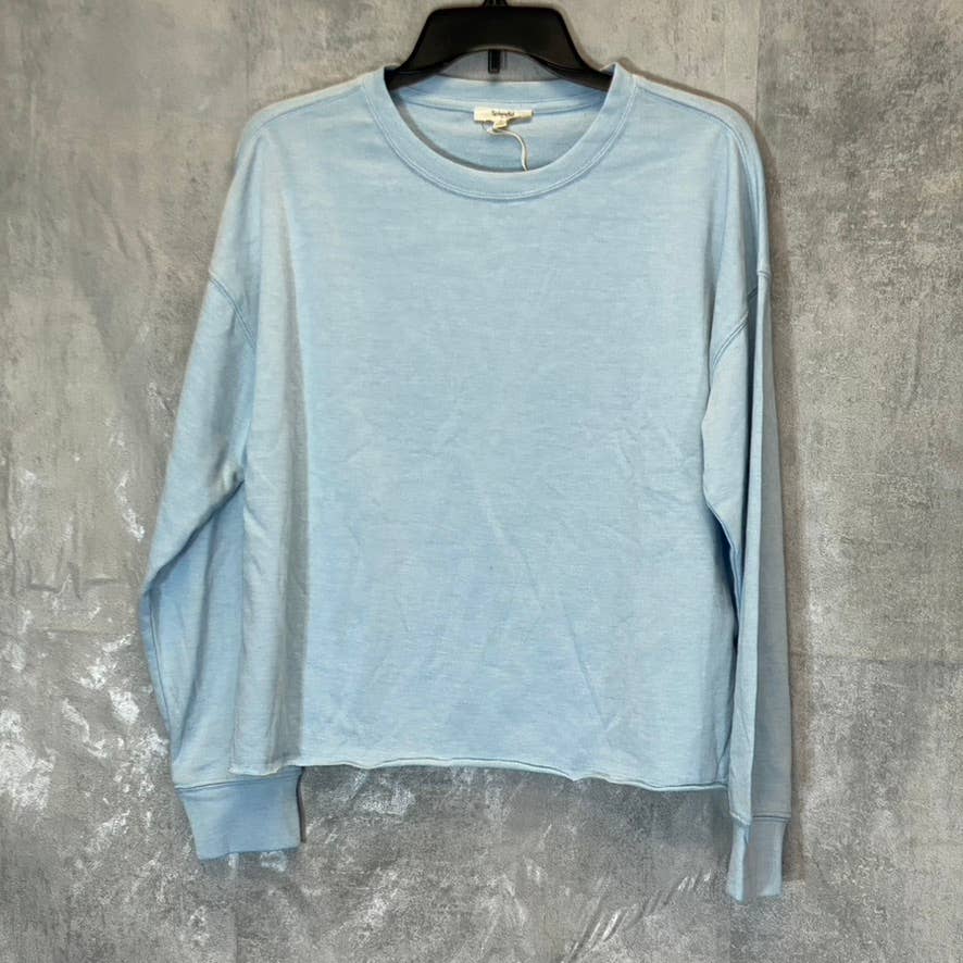 SPLENDID Women's Light Blue Raw Edge Long Sleeve Pullover Cropped Crewneck Sweater SZ S