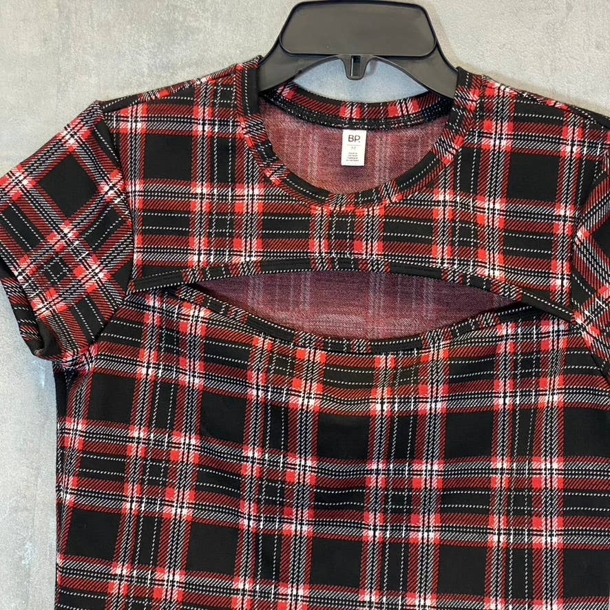 BP. Women's Black-Red Aurora Plaid Crewneck Cutout Short Sleeve Top SZ M