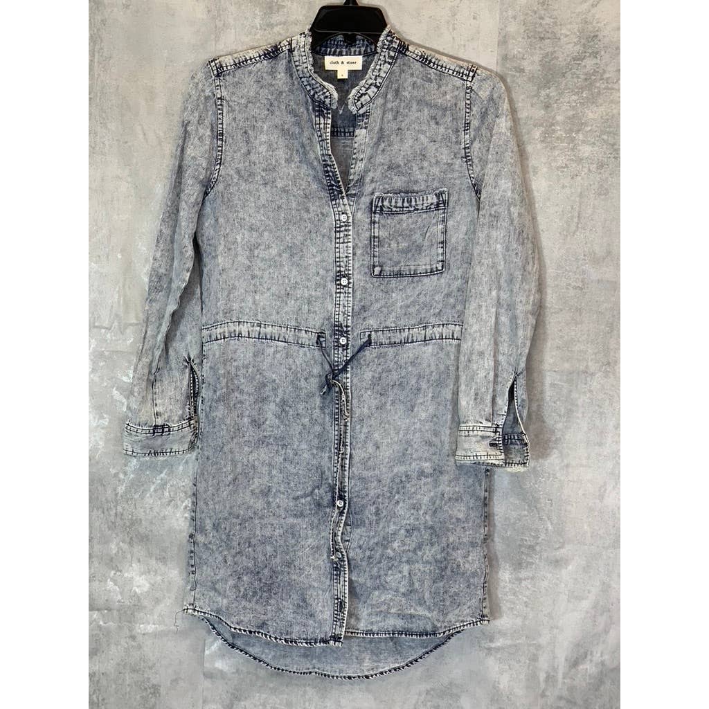 CLOTH & STONE Women's Acid Wash Frayed Banded Collar Button-Up Long Sleeve Mini Shirt Dress SZ S
