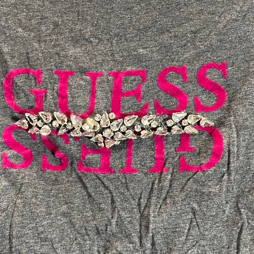 GUESS Women's Charcoal Rhinestone Embellished Crewneck Short Sleeve Tee SZ M