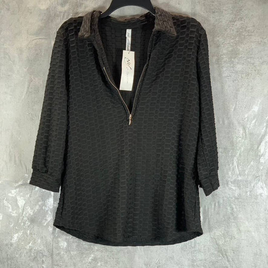 NY COLLECTION Women's Black Honeycomb Half-Zip 3/4 Sleeve Dolphin Hem Top SZ L