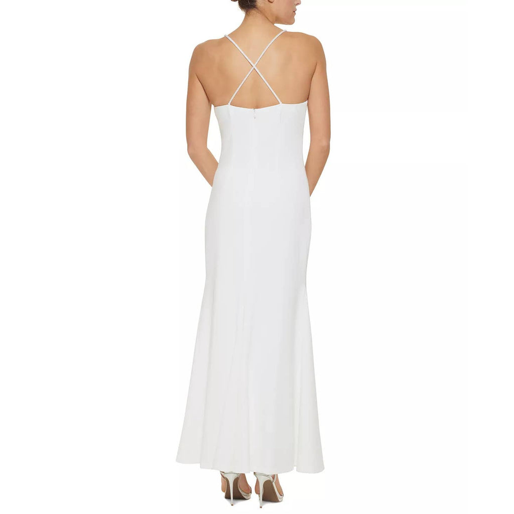 DKNY Women's Ivory V-Neck Beaded Spaghetti Straps Mermaid Maxi Gown SZ 8