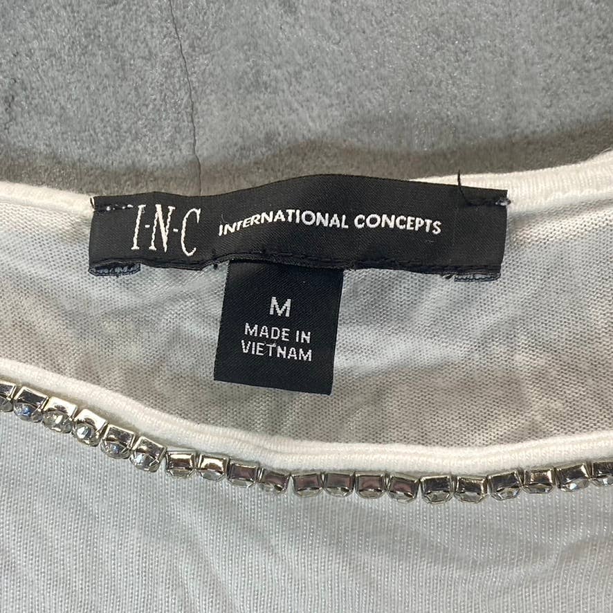 INC Women's Bright White Jewel-Embellished Crewneck Short-Sleeve Top SZ M