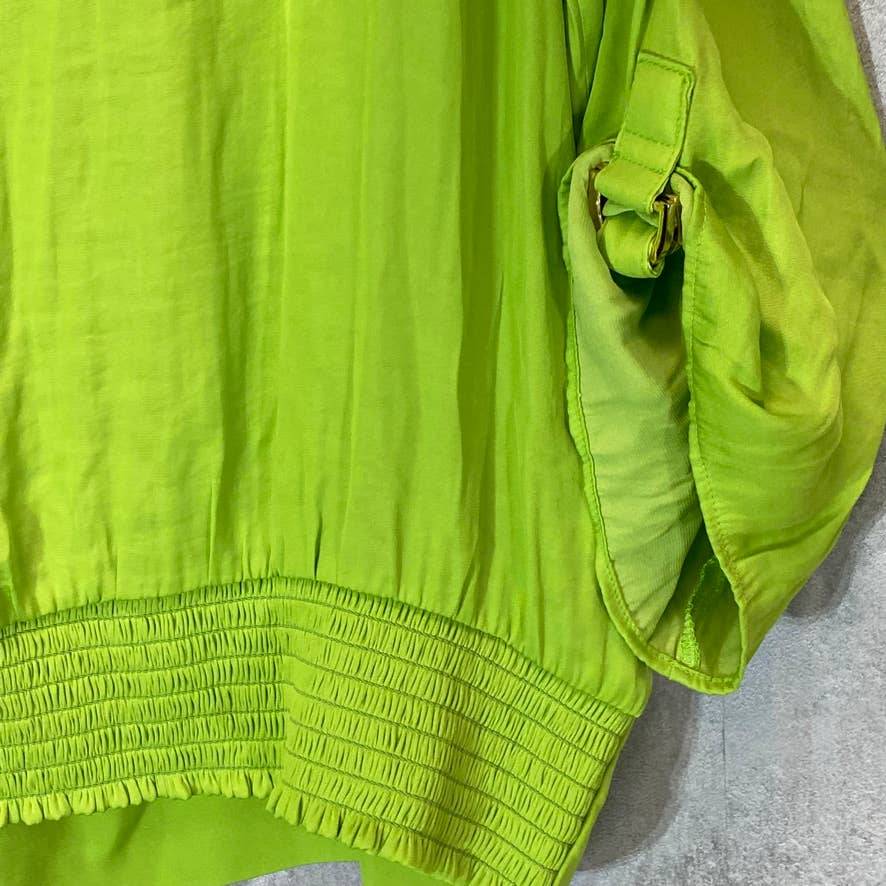 JM COLLECTION Women's Parrot Green Surplice-Neck Tie-Cuff Smocked-Hem Blouse SZ L
