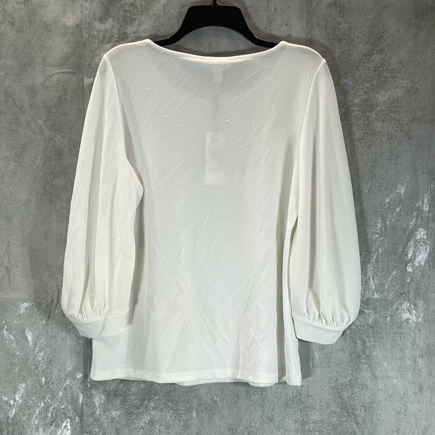 CALVIN KLEIN Women's Soft White Round-Neck 3/4 Blouson-Sleeve Top SZ S