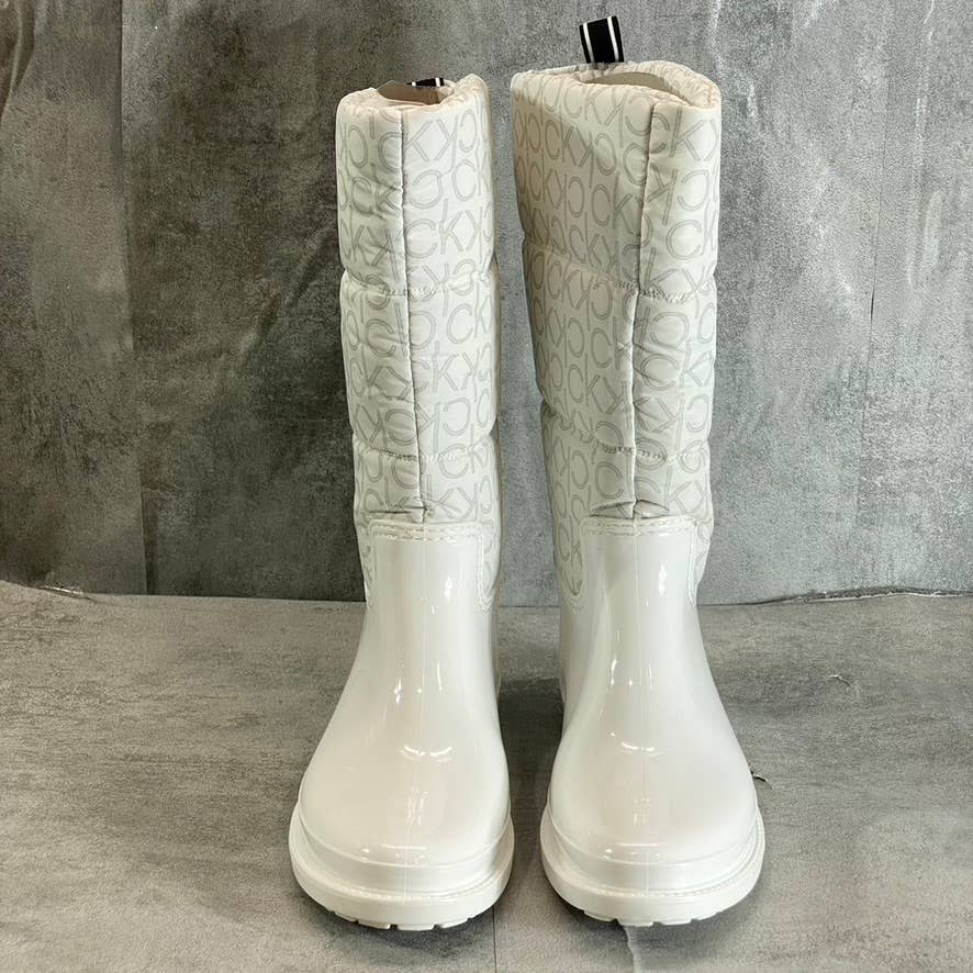 CALVIN KLEIN Women's White Suli Logo Nylon Lug Sole Block-Heel Tall Rain Boots