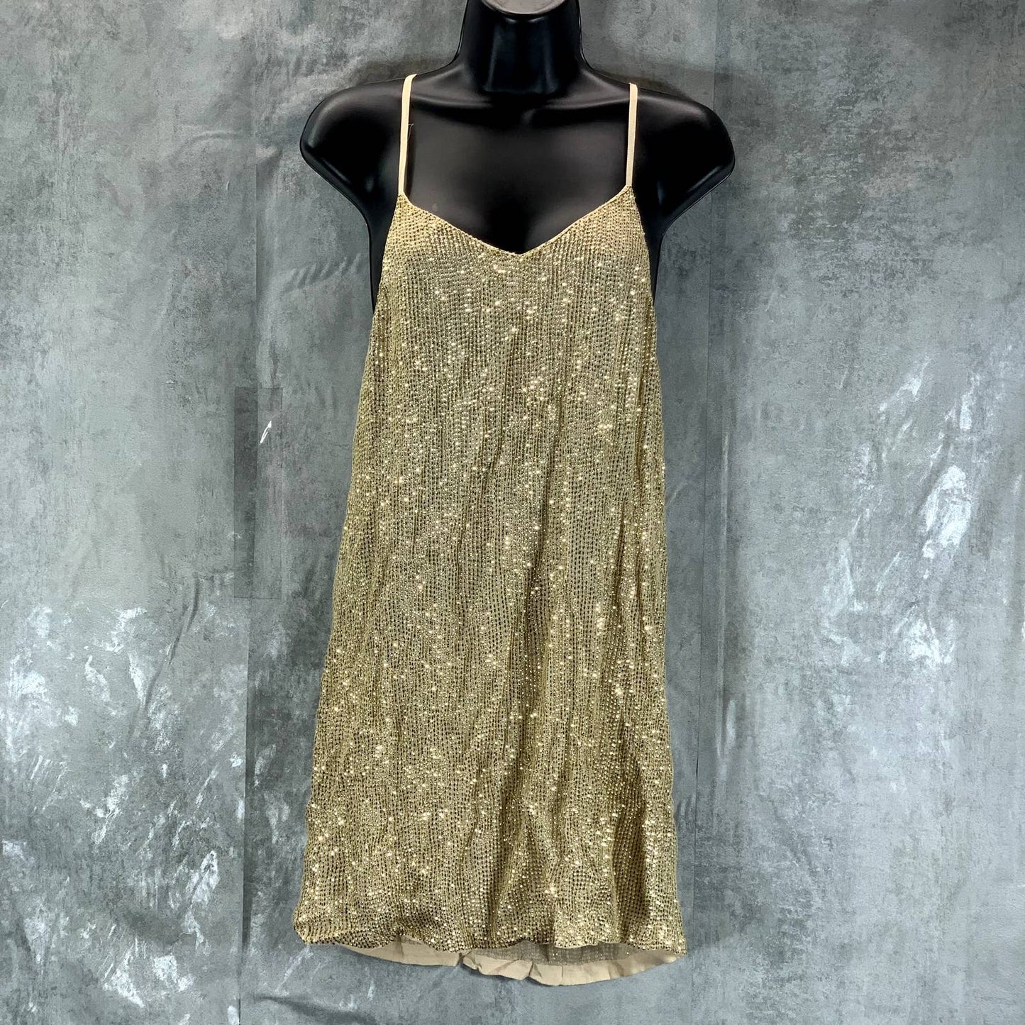 MLV Women's Gold Sequin Carmen V-Neck Adjustable-Straps Mini Dress SZ S