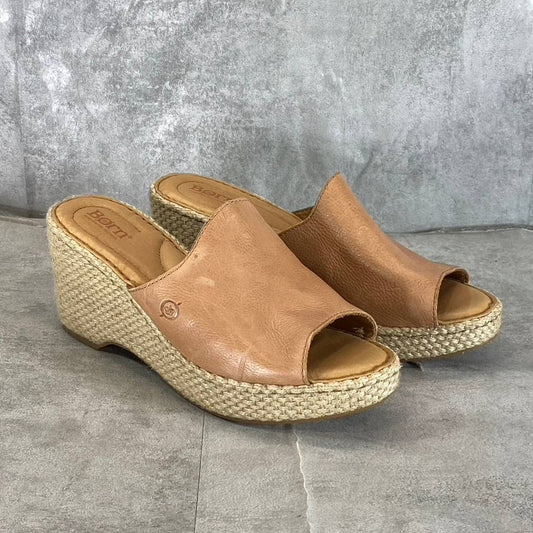 BORN Women's Tan Leather Lilah Round-Toe Slip-On Wedge Platform Sandals SZ 9