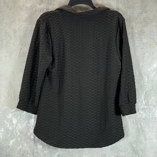 NY COLLECTION Women's Black Honeycomb Half-Zip 3/4 Sleeve Dolphin Hem Top SZ L