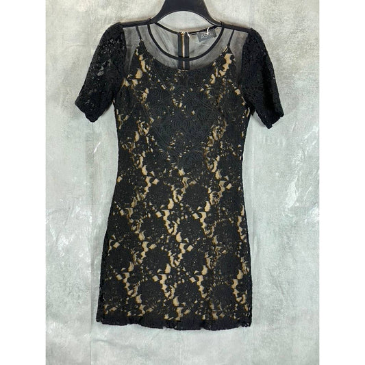 ASTR Women's Black Mesh Lace Lined Short-Sleeve Bodycon Mini Dress SZ XS