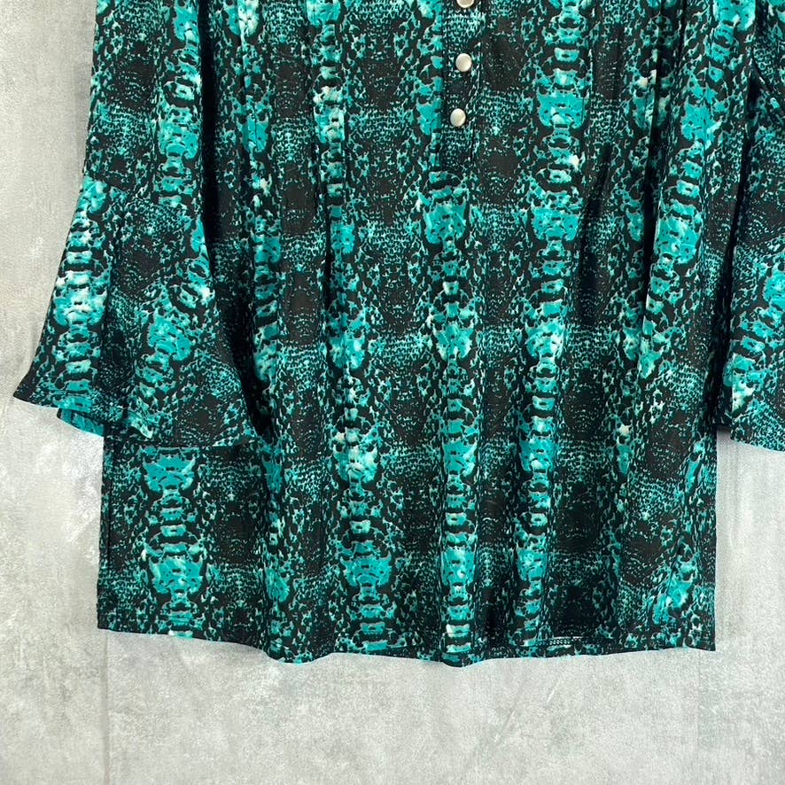 NY COLLECTION Women's Teal Plaid 3/4 Bell Sleeve Y-Neck Pleated Top SZ L