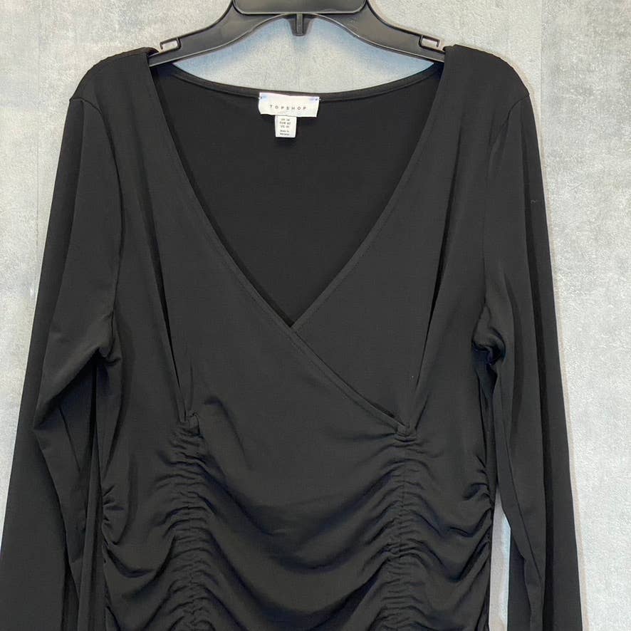 TOPSHOP Women's Solid Black V-Neck Ruched Side Slinky Long Sleeve Mini Dress SZ 10