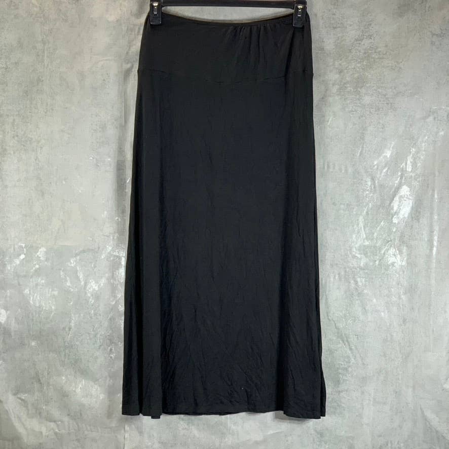 24SEVEN COMFORT APPAREL Women's Solid Black Elastic Waist Pull-On Midi Skirt SZL