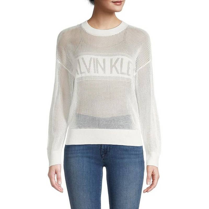 CALVIN KLEIN Women's White Mesh Logo Crewneck Long-Sleeve Pullover Sweater SZ L