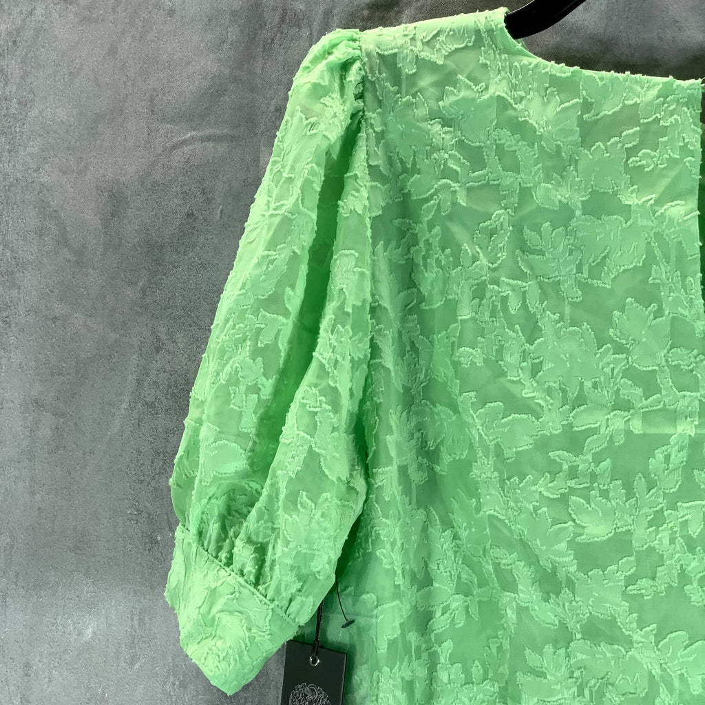 VINCE CAMUTO Women's Aloe Green Crewneck Textured Puff-Sleeve Jacquard Top SZ M