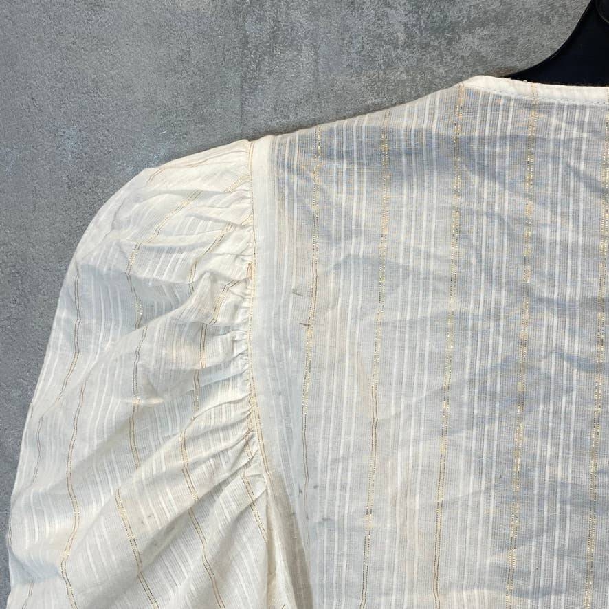 BAR III Women's Bright White Striped Detail Puff Sleeve V-Neck Wrap Blouse SZ S