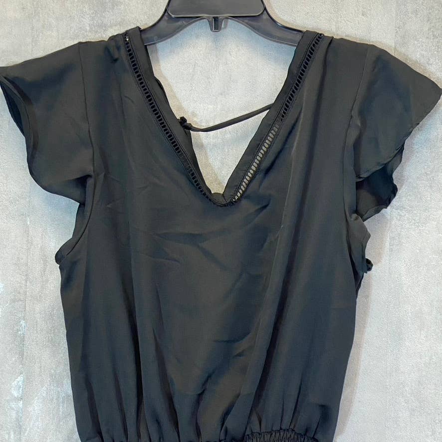 LUNA CHIX Women's Solid Black Flutter Sleeve Double V-Neck Smocked Waist Mini Dress SZ L