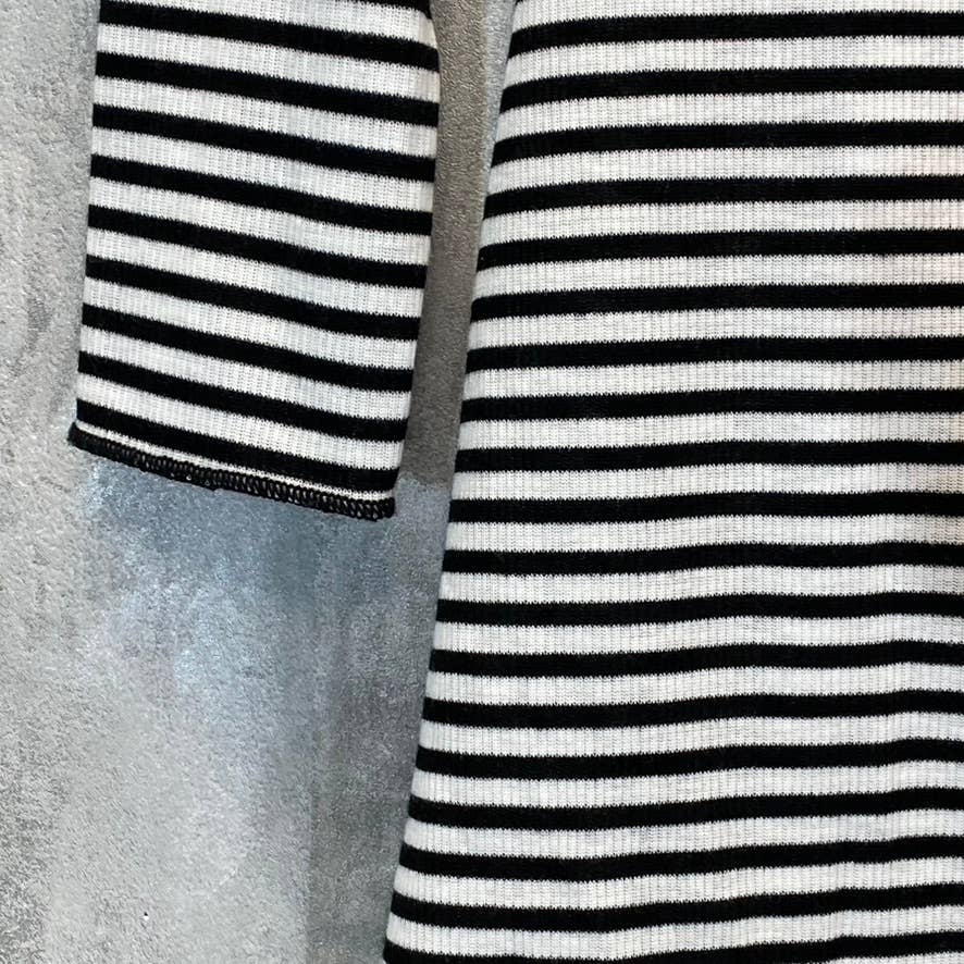 VELVET TORCH Women's Black-White Striped V-Neck 3/4 Sleeve Ruched Mini Dress