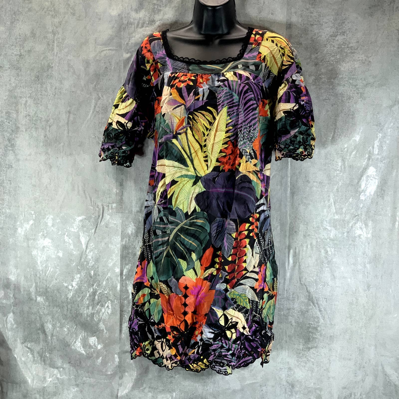 JOHNNY WAS Women's Multi Shari Tropical-Print Silk Square-Neck Mini Dress SZ S