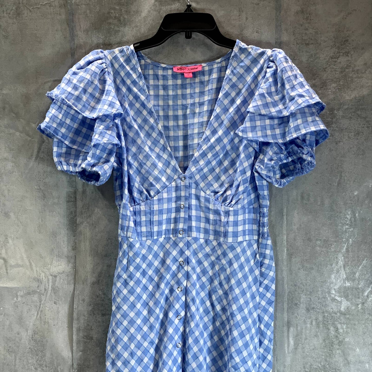 BETSEY JOHNSON Women's Placid Blue Gingham V-Neck Puff-Sleeve Snap Midi Shirt
