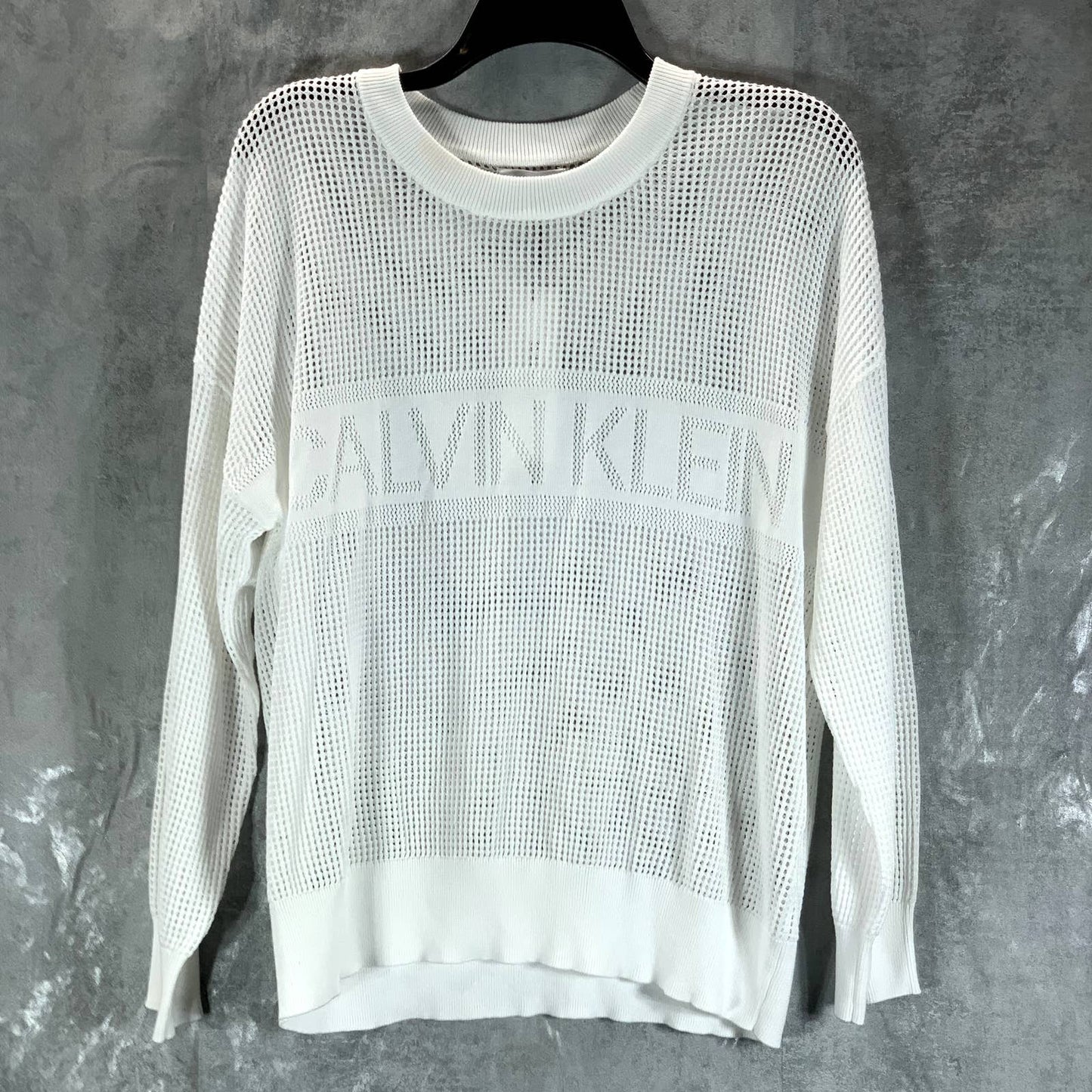 CALVIN KLEIN Women's White Mesh Logo Crewneck Long-Sleeve Pullover Sweater SZ L