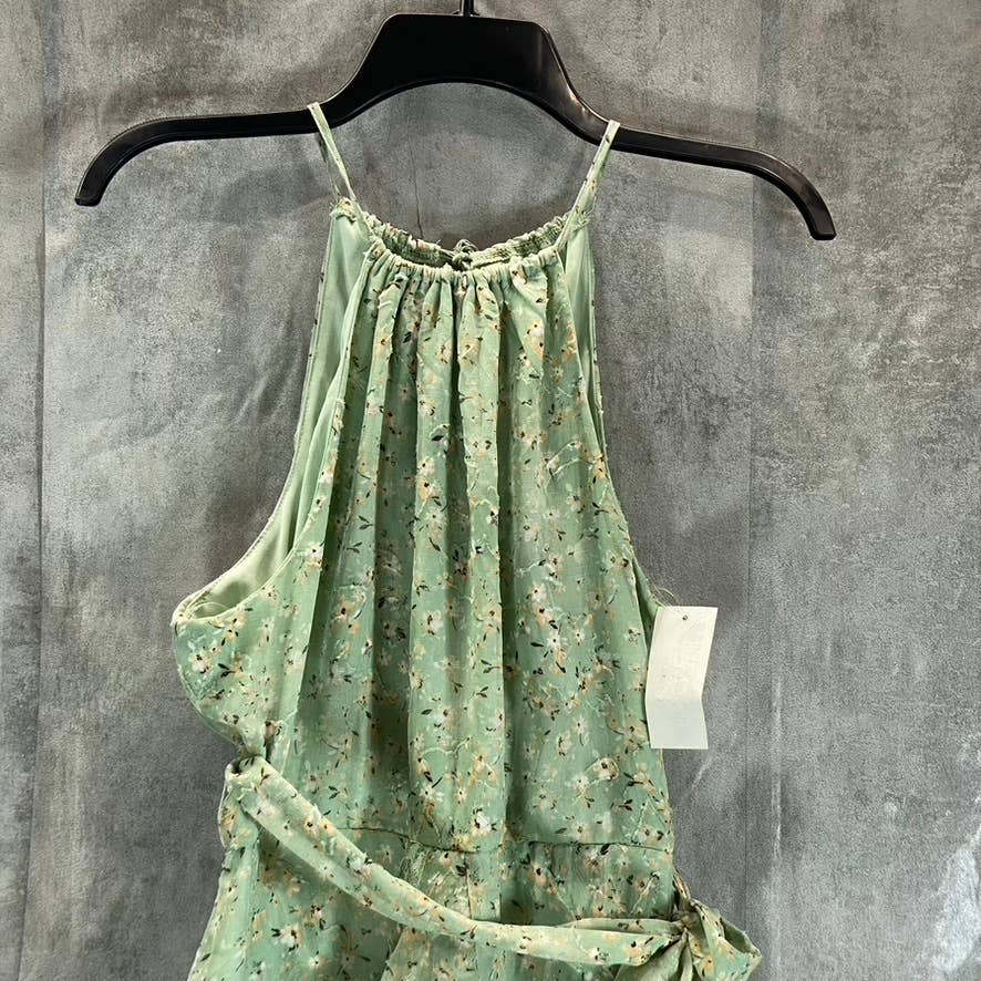 TRIXXI Juniors' Green Floral Halter Ruffle Tie-Waist Fit & Flare Mini Dress SZ L