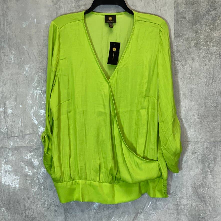 JM COLLECTION Women's Parrot Green Surplice-Neck Tie-Cuff Smocked-Hem Blouse SZ L