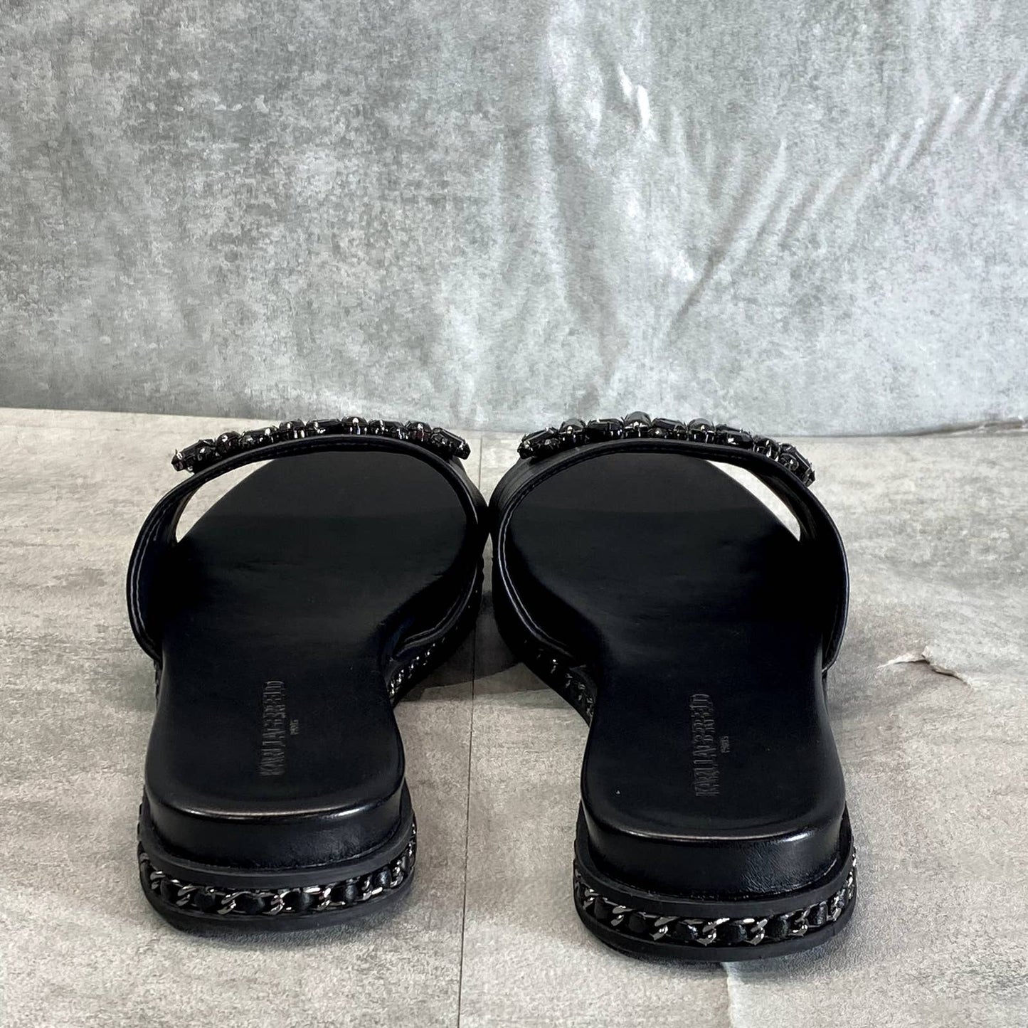 KARL LAGERFELD PARIS Women's Black Rhinestone Embellished Bijou Slide Sandals