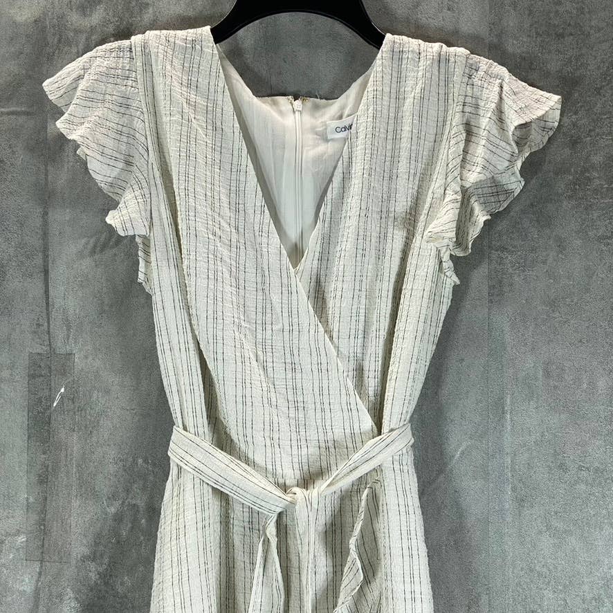 CALVIN KLEIN Women's White Pinstripe Textured Ruffle Faux-Wrap Midi Dress SZ 4