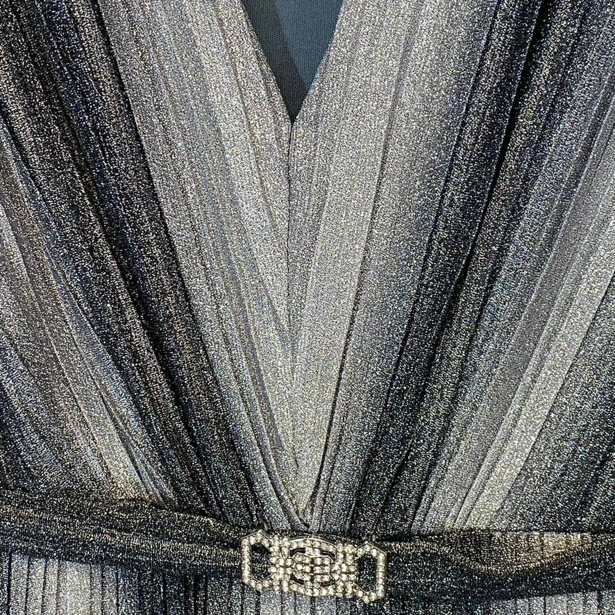 VINCE CAMUTO Women's Gunmetal Metallic Stripe Deep V-Neck Sleeveless Gown SZ 2