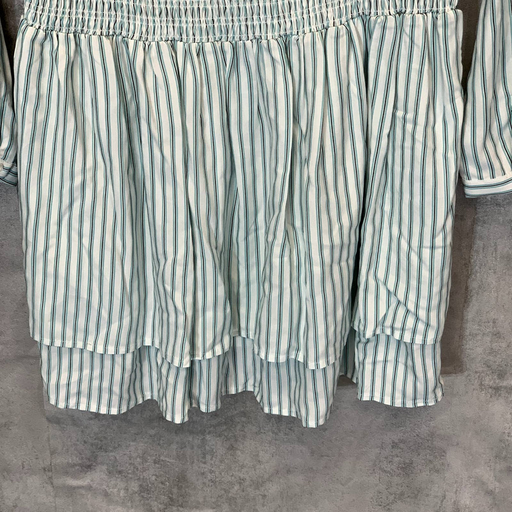 TART Collections Women's Green Stripe Sheila Smocked Waist Long Sleeve V-Neck Mini Dress SZ M