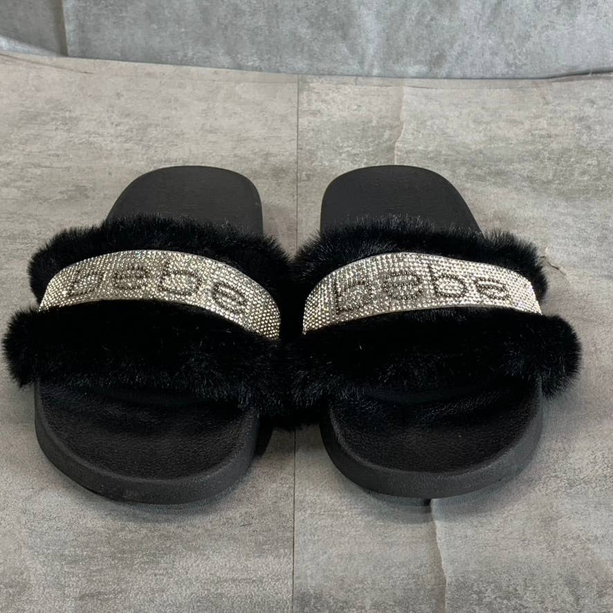 BEBE Women's Flynna Faux-Fur Rhinestone Embellished Slide Sandals SZ 7