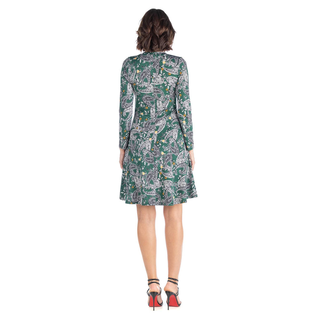 24SEVEN Comfort Apparel Women's Green Paisley-Print Scoop-Neck Long-Sleeve Dress