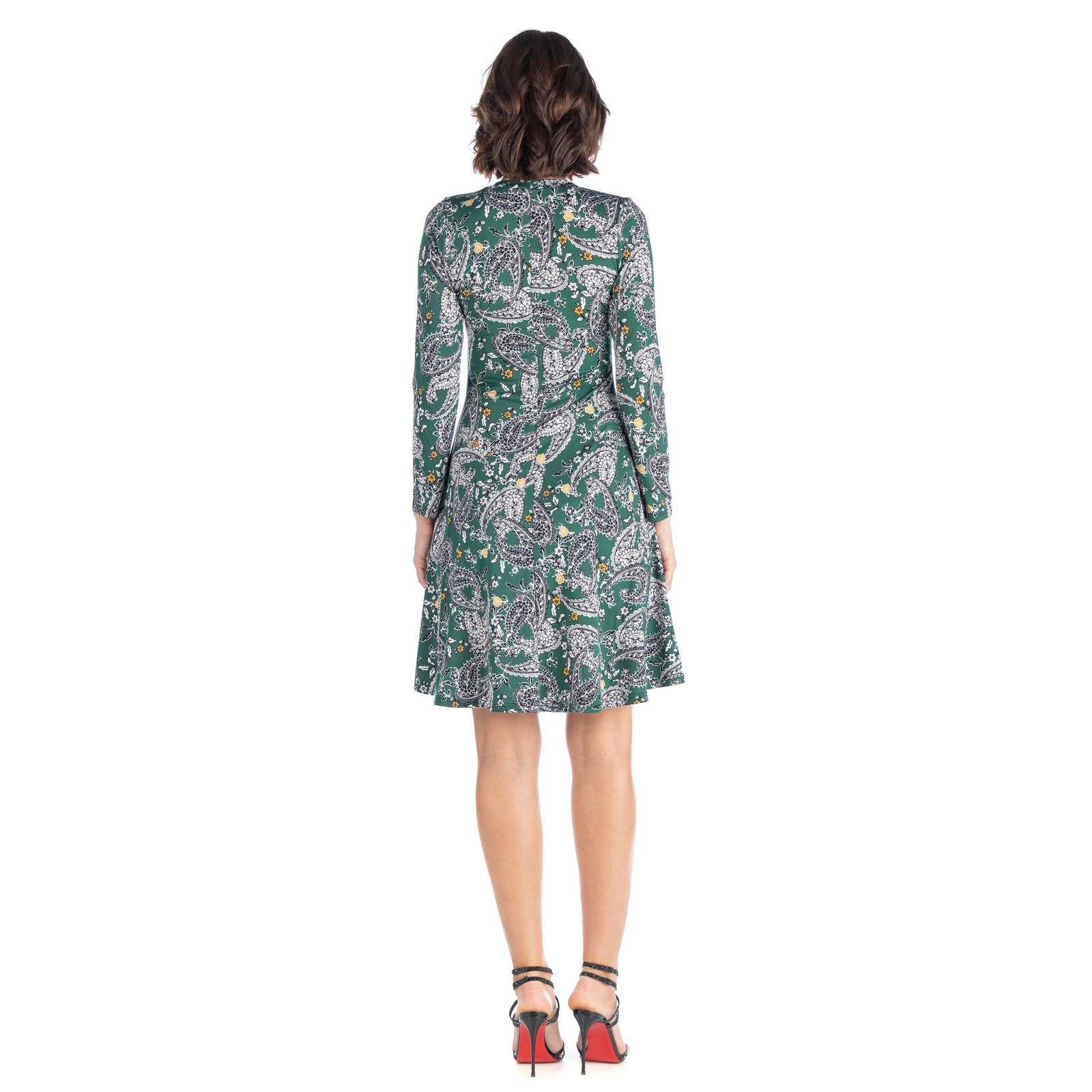 24SEVEN Comfort Apparel Women's Green Paisley-Print Scoop-Neck Long-Sleeve Dress