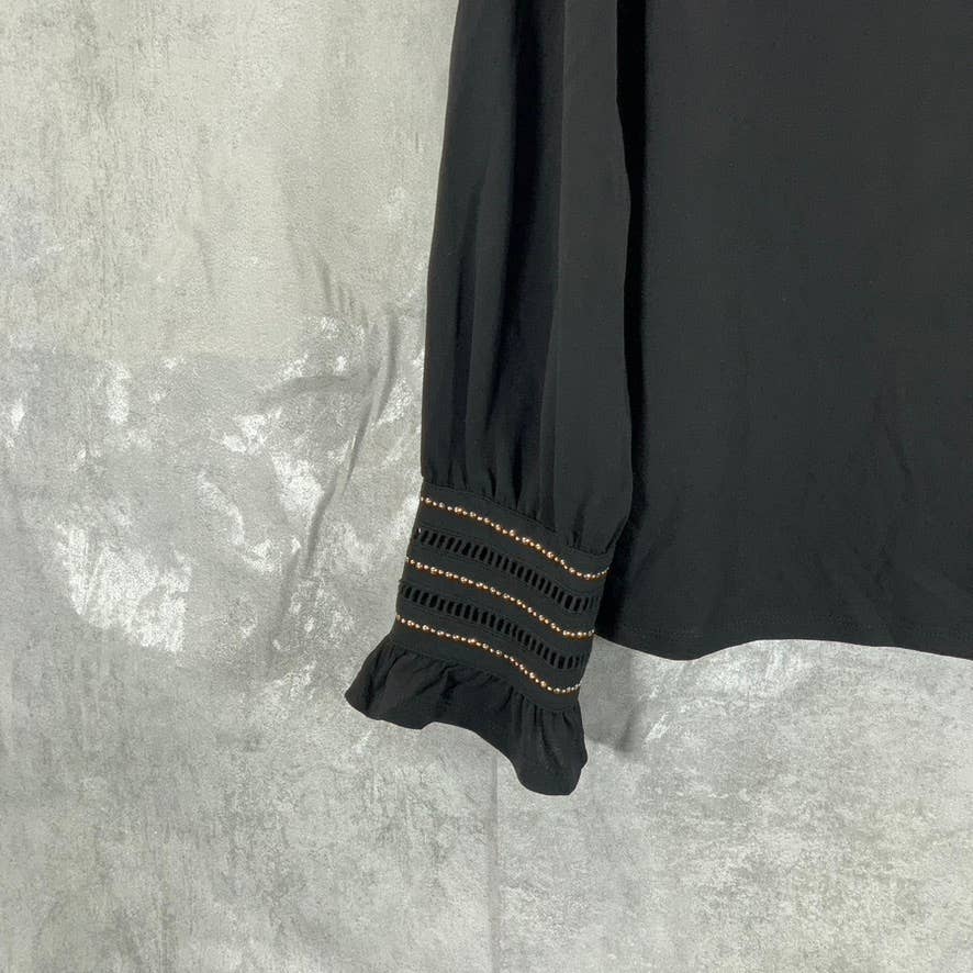 BELLDINI BLACK LABEL Women's Black Embellished Tie-Neck Long-Sleeve Top SZ L