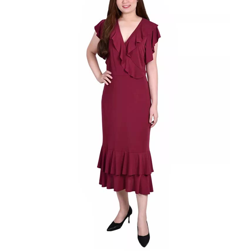 NY COLLECTION Women's Deep Burgundy Ruffle Faux-Wrap Flutter Sleeve Midi Dress L