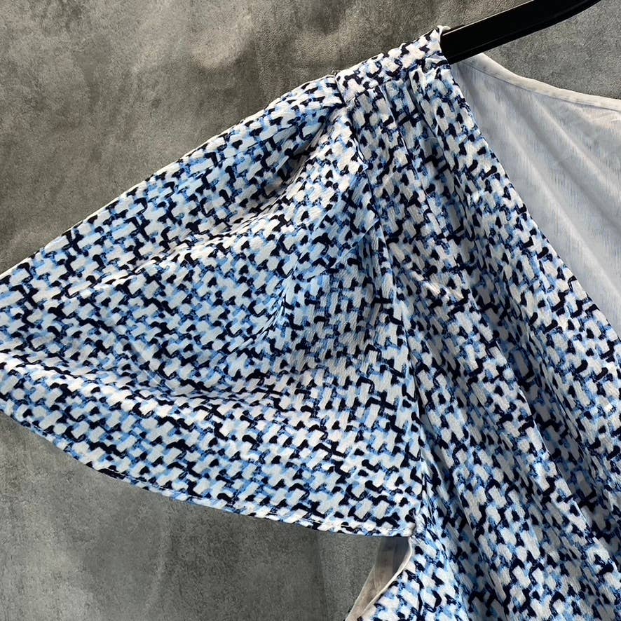 DKNY Women's Blue Printed Flutter-Sleeve V-Neck Faux-Wrap Dress SZ 14