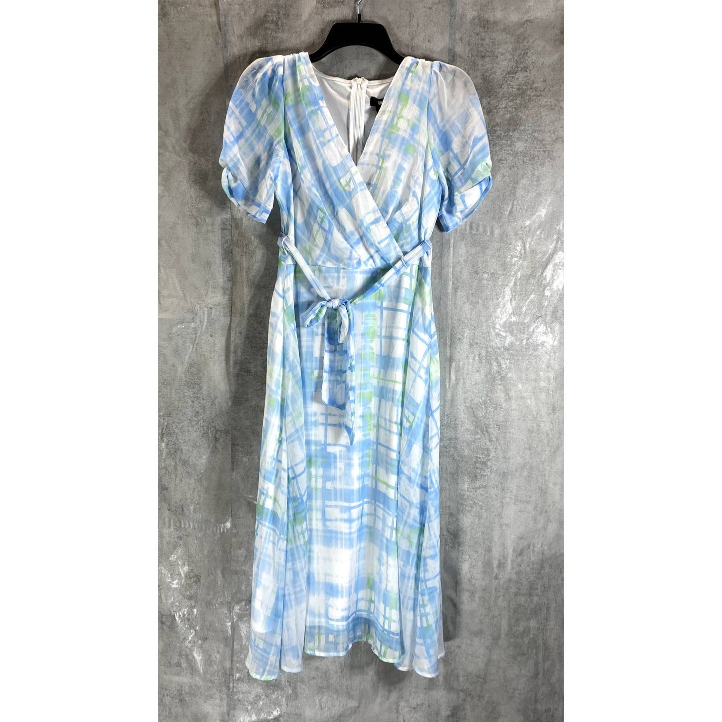 DKNY Women's Light Blue Plaid Faux-Wrap Puff Mesh-Sleeve Midi Dress SZ 8