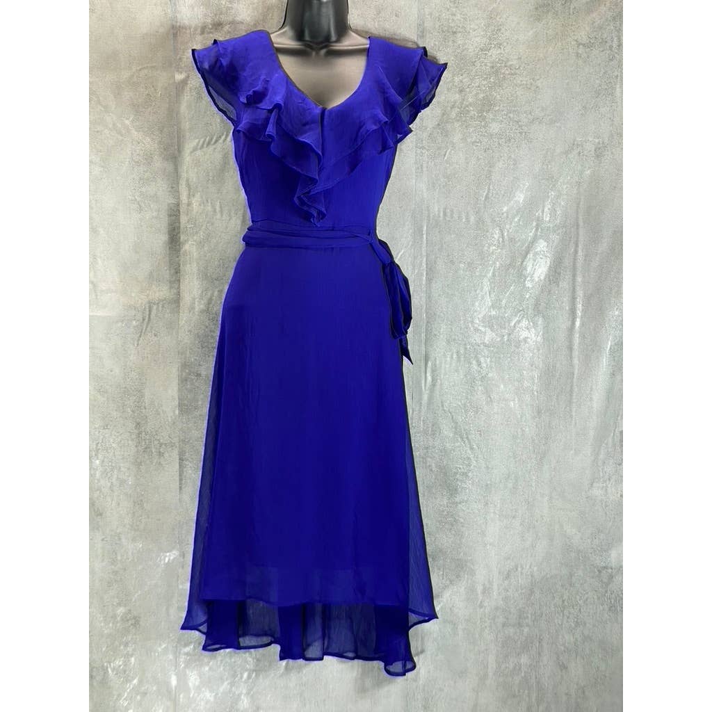 DKNY Women's Blue Ruffle Belted V-Neck Mesh Short-Sleeve Midi Dress SZ 2