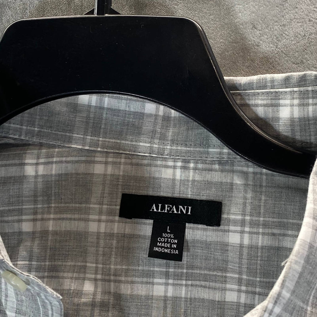 ALFANI Men's Grey Heather Caro Plaid Classic-Fit Long-Sleeve Button-Up Shirt SZL