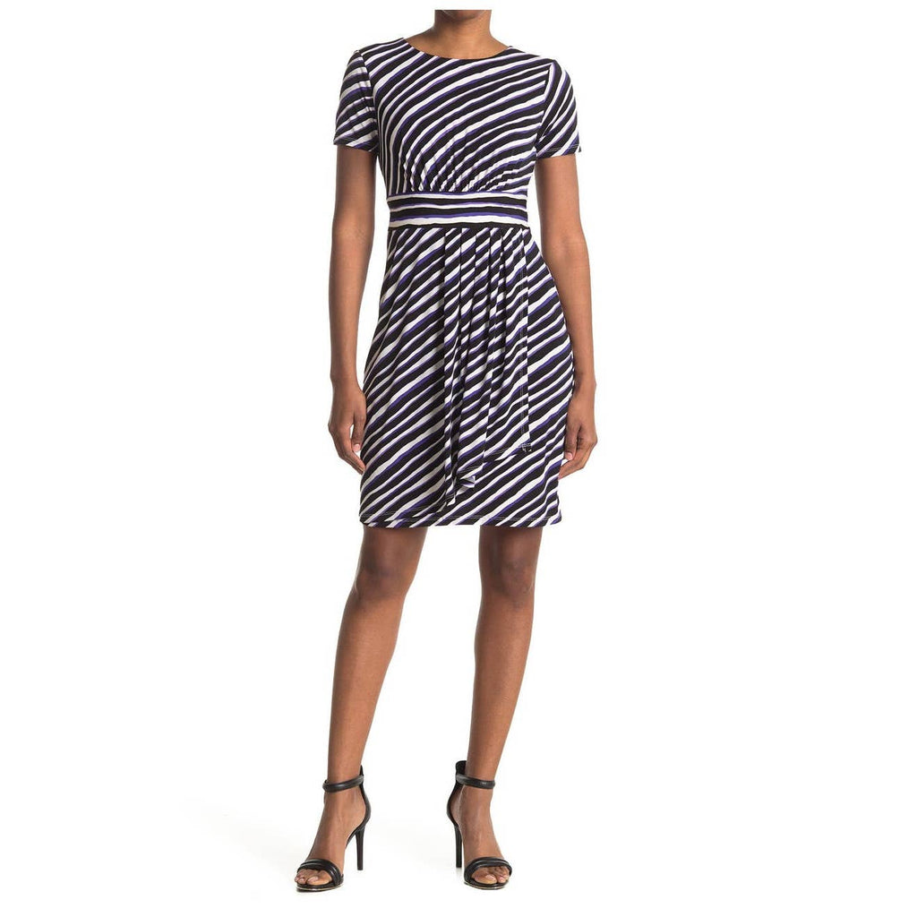LONDON TIMES Women's Open Blue Techno Stripe Short Sleeve Jersey Sheath Dress SZ 14