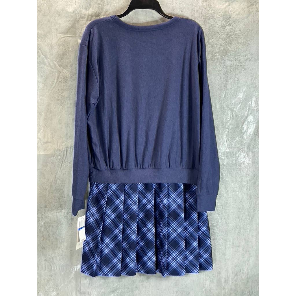 KINGSTON GREY Juniors' Navy Check Pleated Skirt Crewneck Mini Sweater Dress SZXL