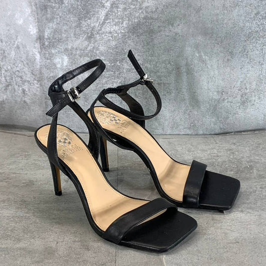 VINCE CAMUTO Women's Black Leather Saprenda Square-Toe High-Heel Sandals SZ 7.5